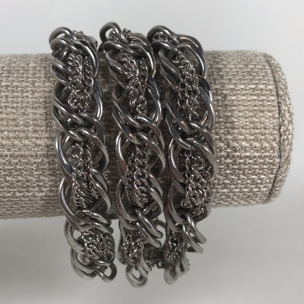 Silver Toned Three Strand Chain Stretch Bracelet